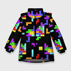 Куртка зимняя для девочки Неоновый тетрис на темном фоне, цвет: 3D-светло-серый