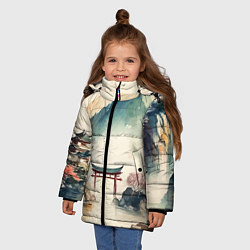 Куртка зимняя для девочки Японский пейзаж - акварель, цвет: 3D-красный — фото 2