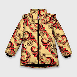 Куртка зимняя для девочки Винтажный растительный орнамент, цвет: 3D-черный