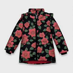 Куртка зимняя для девочки Алые розы на черном, цвет: 3D-красный