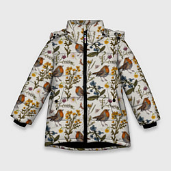 Зимняя куртка для девочки Птицы малиновки и зверобой