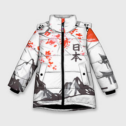 Куртка зимняя для девочки Цветущая сакура и солнце - Япония, цвет: 3D-черный