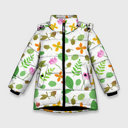 Куртка зимняя для девочки Цветы и листья, цвет: 3D-черный