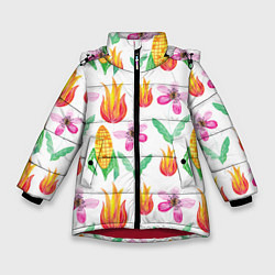 Куртка зимняя для девочки Кукуруза и цветочки, цвет: 3D-красный