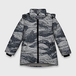 Куртка зимняя для девочки Черные абстрактные волны, цвет: 3D-светло-серый