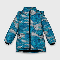 Куртка зимняя для девочки Голубые и белые волны, цвет: 3D-черный