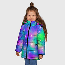 Куртка зимняя для девочки Яркий космос розово-синий с вкраплениями зеленого, цвет: 3D-черный — фото 2