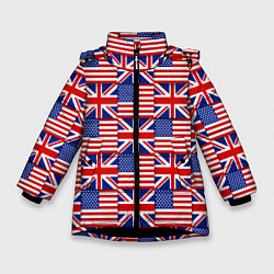Куртка зимняя для девочки Флаги США и Англии, цвет: 3D-черный