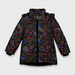 Куртка зимняя для девочки Красные, синие, черные фигуры и линии на коричнево, цвет: 3D-черный