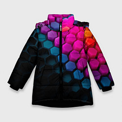 Куртка зимняя для девочки Цветной шестиугольник, цвет: 3D-черный