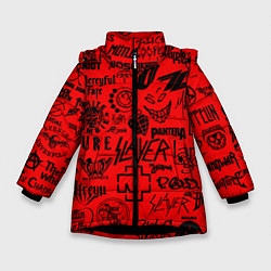 Куртка зимняя для девочки Лучшие рок группы на красном, цвет: 3D-черный