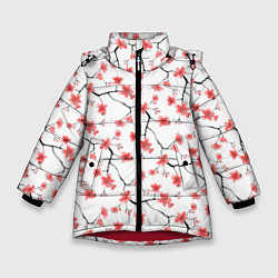 Куртка зимняя для девочки Акварельные цветы сакуры паттерн, цвет: 3D-красный