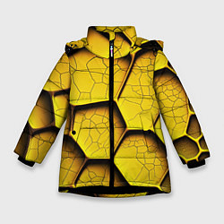Куртка зимняя для девочки Желтые шестиугольники с трещинами - объемная текст, цвет: 3D-черный