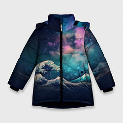 Куртка зимняя для девочки Космическая Большая волна в Канагаве, цвет: 3D-черный