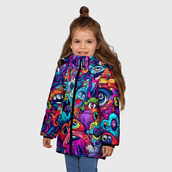 Куртка зимняя для девочки Кислотные монстры, цвет: 3D-черный — фото 2