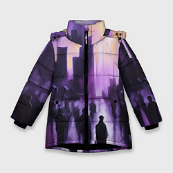 Куртка зимняя для девочки Человеческие силуэты на фоне большого города, цвет: 3D-черный