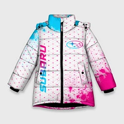 Куртка зимняя для девочки Subaru neon gradient style: надпись, символ, цвет: 3D-черный