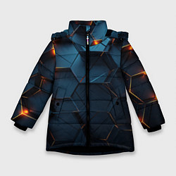 Куртка зимняя для девочки Синие объемные плиты с оранжевыми вставками, цвет: 3D-черный