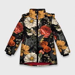 Зимняя куртка для девочки Цветочный паттерн на черном