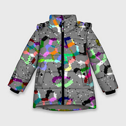 Куртка зимняя для девочки Серая абстракция с цветными элементами, цвет: 3D-светло-серый