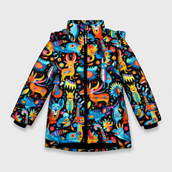 Куртка зимняя для девочки Космические чудики, цвет: 3D-черный