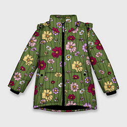 Куртка зимняя для девочки Летний луг - паттерн, цвет: 3D-черный