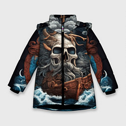 Куртка зимняя для девочки Тату ирезуми черепа пирата на корабле в шторм, цвет: 3D-черный