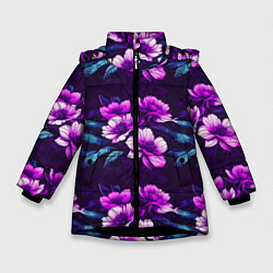 Куртка зимняя для девочки Цветы неон узор, цвет: 3D-черный