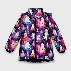 Куртка зимняя для девочки Хэллоуин Акварельные привидения, цвет: 3D-черный