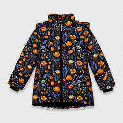 Куртка зимняя для девочки Цветы на темном фоне узор, цвет: 3D-черный