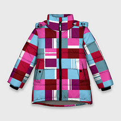 Куртка зимняя для девочки Ретро квадраты вишнёвые, цвет: 3D-светло-серый