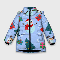 Зимняя куртка для девочки Снеговики с новогодними подарками паттерн