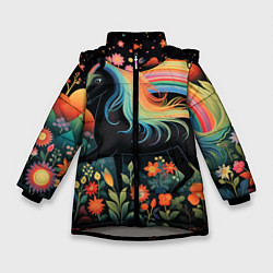 Куртка зимняя для девочки Лошадка с радужной гривой в стиле фолк-арт, цвет: 3D-светло-серый