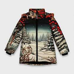 Куртка зимняя для девочки Новый год природа, цвет: 3D-черный