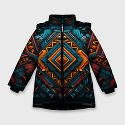 Куртка зимняя для девочки Орнамент с оранжевыми и синими ромбами, цвет: 3D-черный