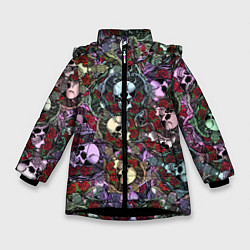 Куртка зимняя для девочки Череп с крыльями паттерн, цвет: 3D-черный