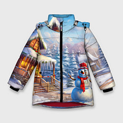 Куртка зимняя для девочки Новогодняя деревня и снеговик, цвет: 3D-красный