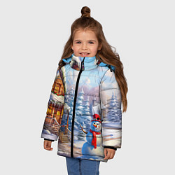 Куртка зимняя для девочки Новогодняя деревня и снеговик, цвет: 3D-красный — фото 2