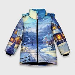 Куртка зимняя для девочки Зимняя новогодняя деревня, цвет: 3D-черный