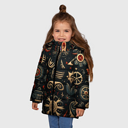 Куртка зимняя для девочки Абстрактный узор в славянском стиле на тёмном фоне, цвет: 3D-красный — фото 2