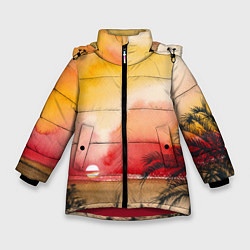Куртка зимняя для девочки Тропический закат акварель, цвет: 3D-красный