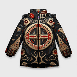 Куртка зимняя для девочки Орнамент в славянской стилистике, цвет: 3D-черный
