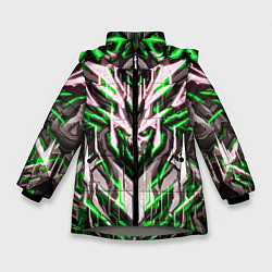 Куртка зимняя для девочки Неоновый зелёный кибер череп, цвет: 3D-светло-серый