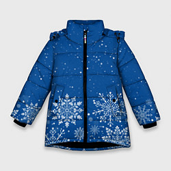 Куртка зимняя для девочки Текстура снежинок на синем фоне, цвет: 3D-черный