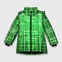Куртка зимняя для девочки Зелёные неоновые полосы киберпанк, цвет: 3D-черный