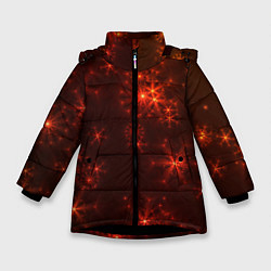 Куртка зимняя для девочки Абстрактные светящиеся красно оранжевые снежинки, цвет: 3D-черный