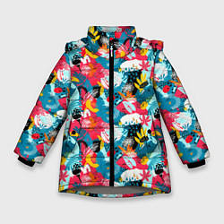 Куртка зимняя для девочки Тропический цветной узор, цвет: 3D-светло-серый