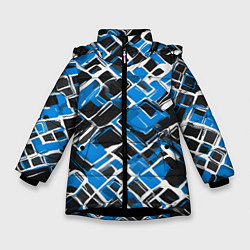 Куртка зимняя для девочки Синие фигуры и белые линии, цвет: 3D-черный