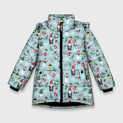 Куртка зимняя для девочки Новогодние акварельные гномы, цвет: 3D-черный