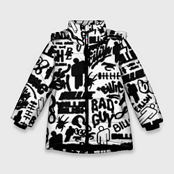 Куртка зимняя для девочки Билли Айлиш автографы черно белый, цвет: 3D-черный